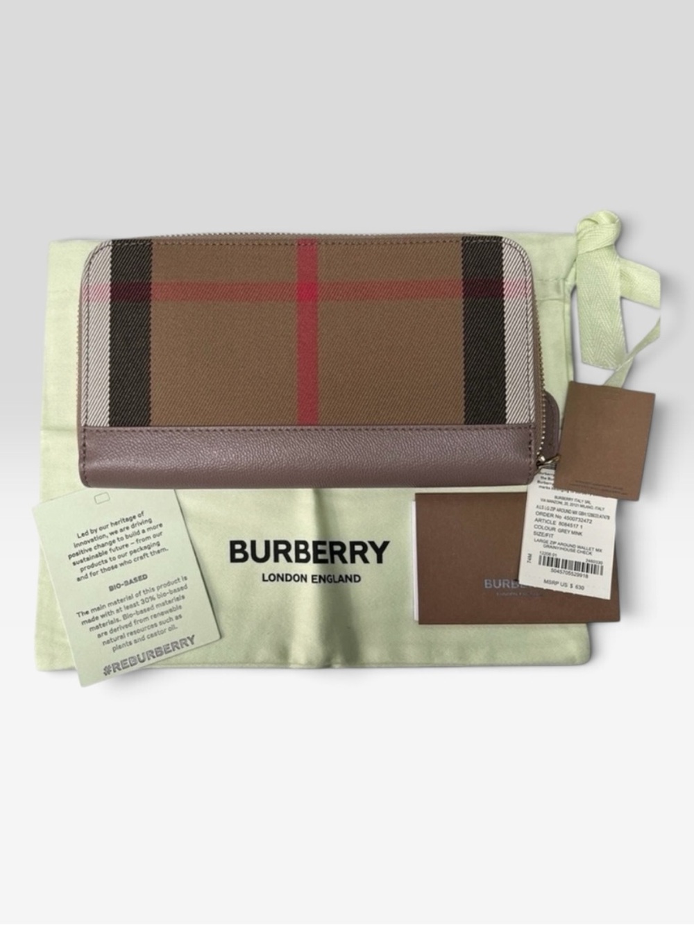 BURBERRY Large Zip Around Wallet Nova Check Dust Bag & Cards